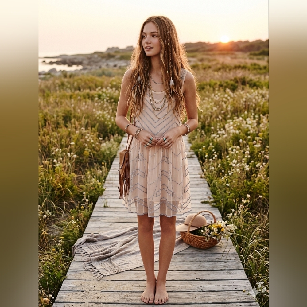 Free People Sheer Beaded Chevron Tunic Dress - Boho Mini